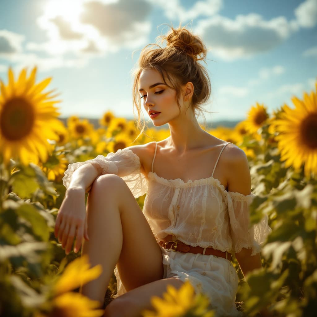 AI generated: HDR photo of woman sitting in a field of sunflowers on a bright sunny day, her hair is up in a messy...