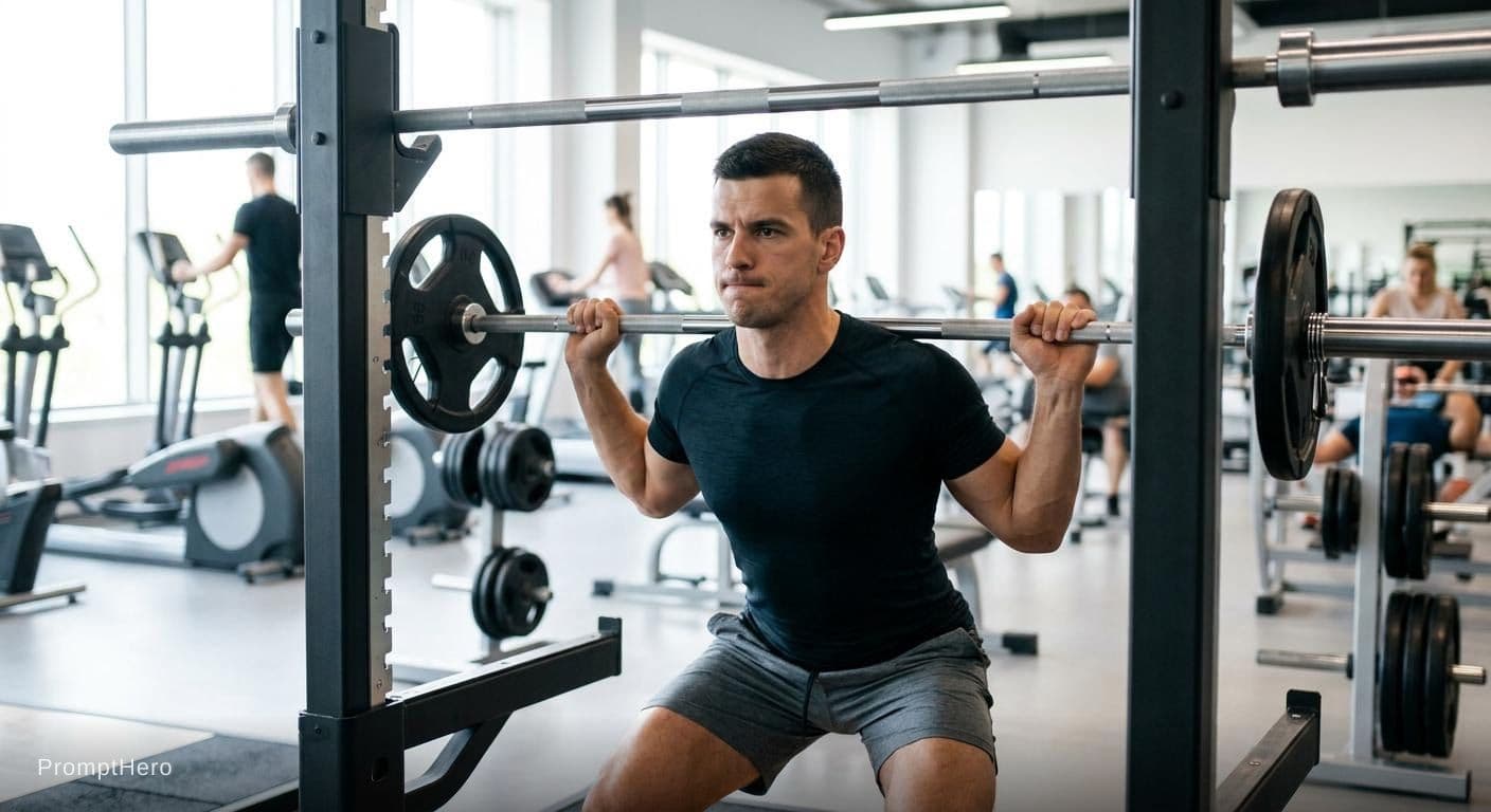 AI generated: A 29-year-old Croatian man in a modern gym setting, engaged in an intense workout. He has an athleti...