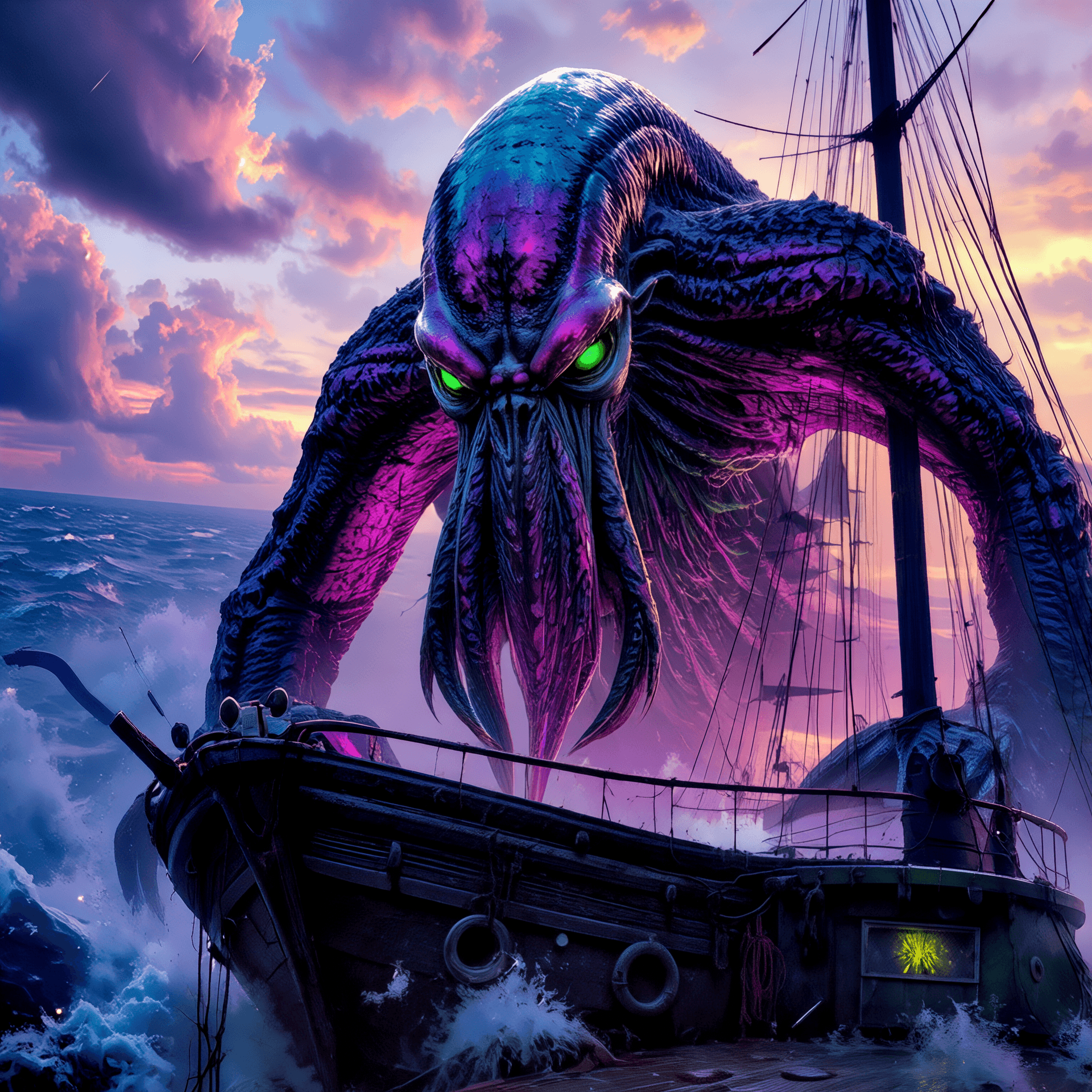 AI generated: A hyper-detailed, stylized fantasy creature cthulhu, it is massive, perched on a the deck of a strom...
