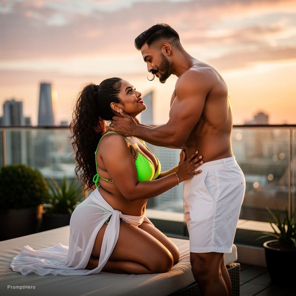 AI generated: Realistic Picture is a couple-  Beautiful morning sunrise on a beautiful luxurious rooftop, female i...