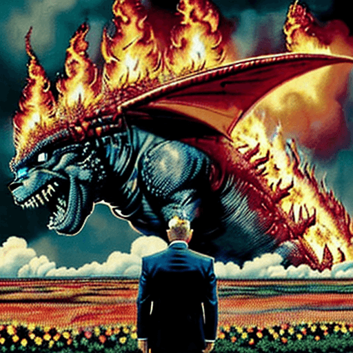 AI generated: A vintage photo shows a giant president bidenzilla breathing flames all over America citizens flee. ...