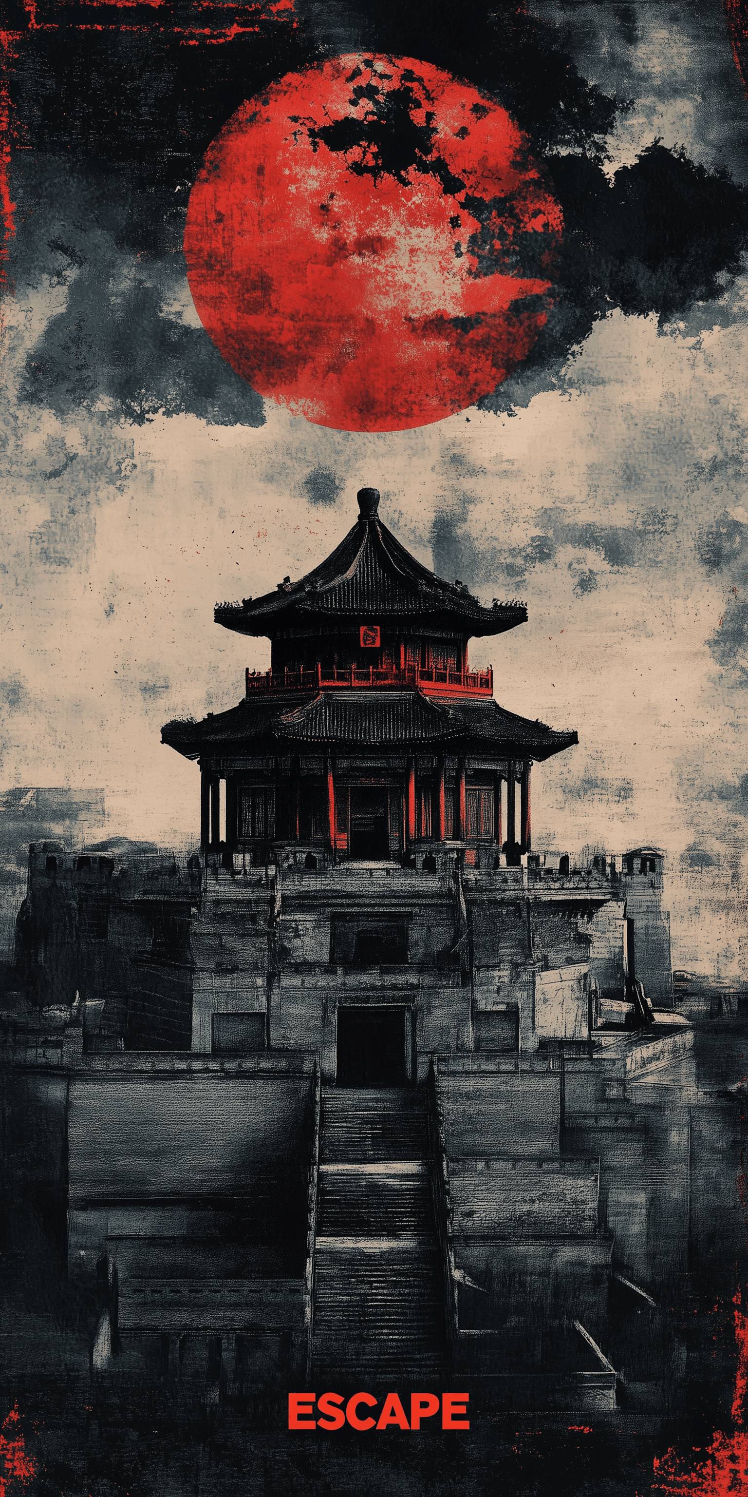 AI generated: A poster with the words "ESCAPE" written on it, featuring an ancient Chinese building in red and bla...