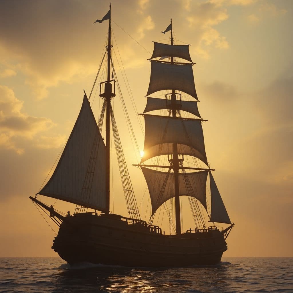 AI generated: Photo of a ultra realistic sailing ship, dramatic light, pale sunrise, cinematic lighting, battered,...