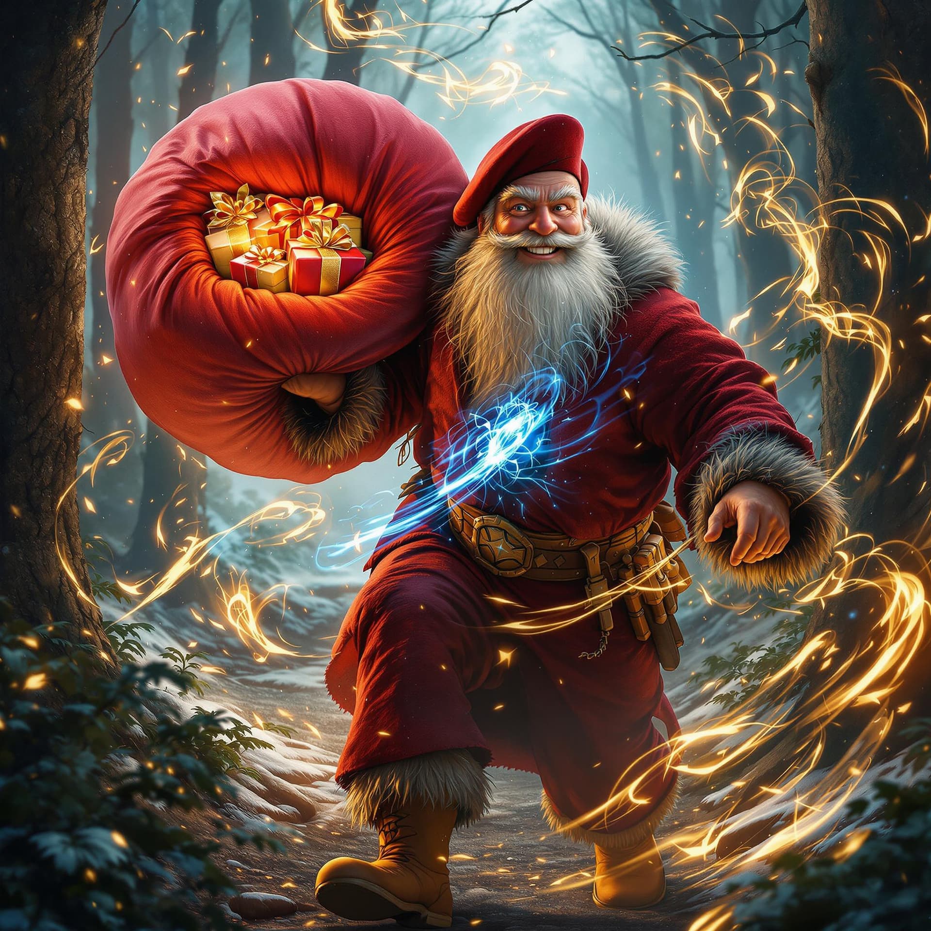 AI generated: movie poster, smiling kind russian uncle frost wearing red rocker clothes is depicted in an action p...