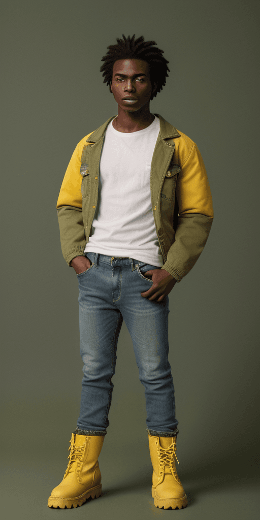 AI generated: [[[((clothes with the smallest details)), a 24-year-old black man, very short hair, white t-shirt, b...