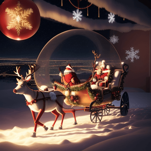 AI generated: A magical Christmas sphere on the floor illuminates the Santa Claus driving sleigh pulled by reindee...