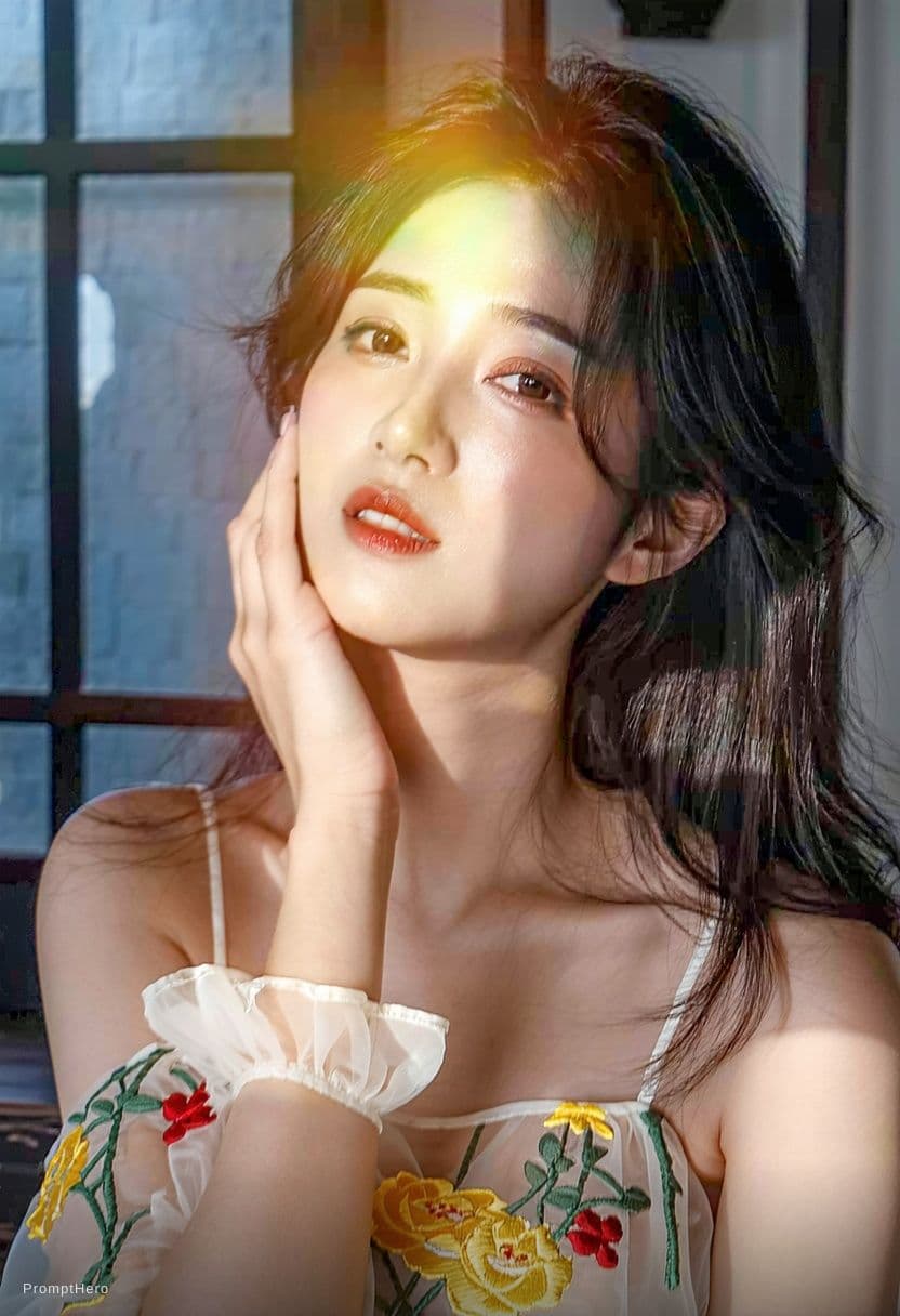 AI generated: A cinematic photorealistic boudoir portrait of a beautiful Asian woman kneeling on a bed. She is wea...