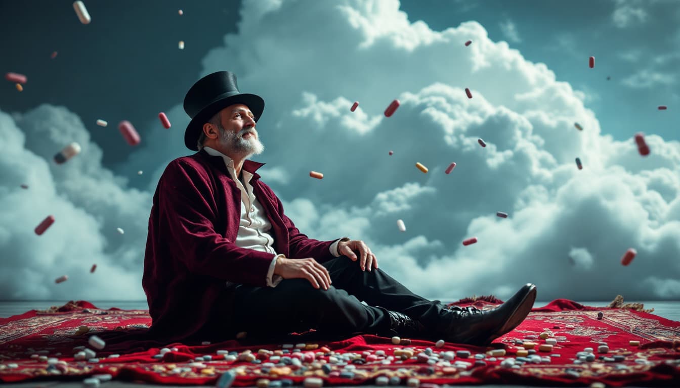 AI generated: THE MAGICIAN SITTING ON THE CARPET, AGAINST THE BACKGROUND OF CLOUDS, AND PILLS FLYING AROUND HIM