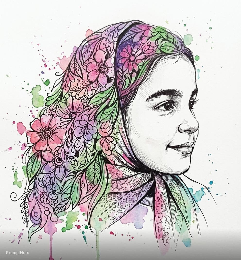 AI generated: art monochrome and colorful sketched beautiful girl face in profile in mixed media style with floral...