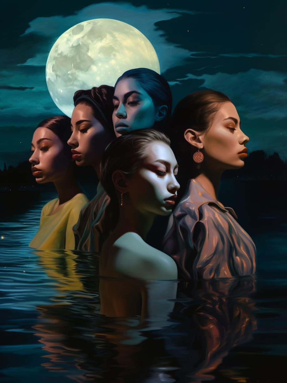 AI generated: 3 d, close - up, night, group of fashion models standing in a night lake, moon ryas, vogue cover sty...