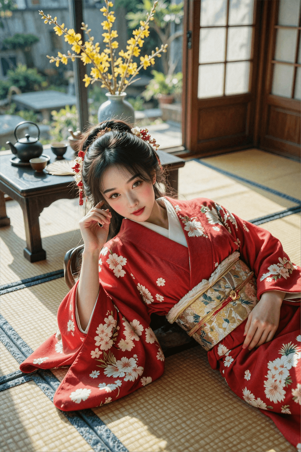 AI generated: A highly detailed, photorealistic, cinematic high-angle medium shot of a beautiful young Japanese wo...
