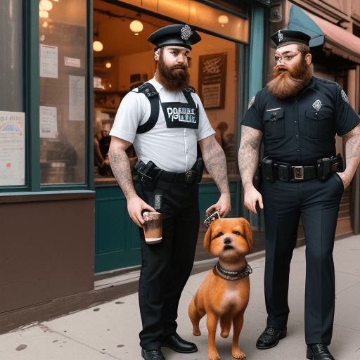 AI generated: A rockwiller dog standing on two legs in a police suit handcuffing a cute little bearded dog fresh o...