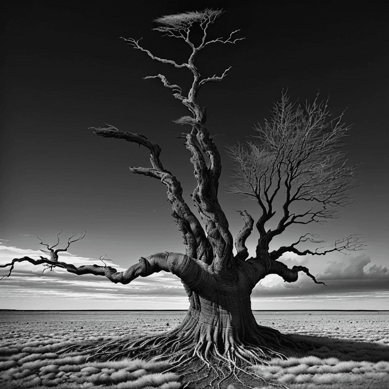 AI generated: An ancient tree in a desolate and sad landscape. The scene is completely in black and white, increas...