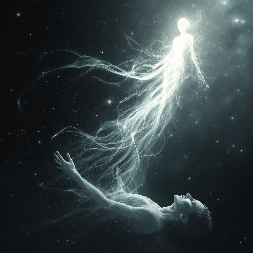 AI generated: A spectral figure, half-formed from wisps of silver and shadow, rises from the still body below. The...
