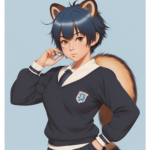 AI generated: Tanuki girl, Michiru Kagemori, animal ears, pixie cut blue hair, brown furry skin, bushy tail, black...