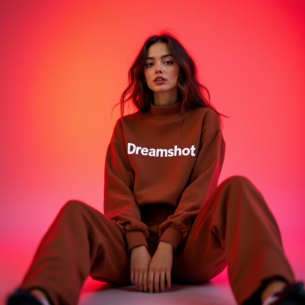 AI generated: wide and low angle, cinematic, fashion photography for the brand Dreamshot. Woman sitting on floor w...