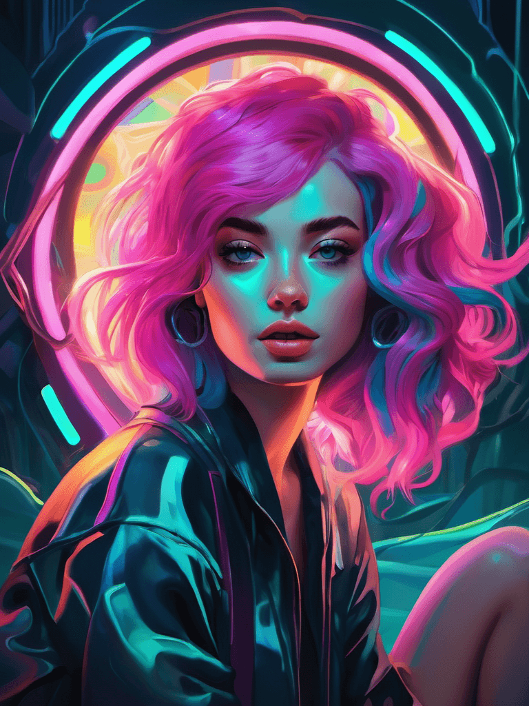 AI generated: close up of a girl with pink hair, sitting in a bright light with a neon lamp, in the style of digit...