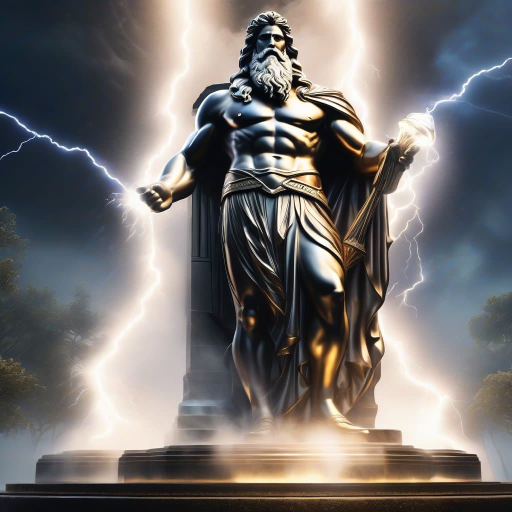 AI generated: highly detailed crystal sculpture of a Zeus holding a lightning, volumetric fog, Hyperrealism, breat...