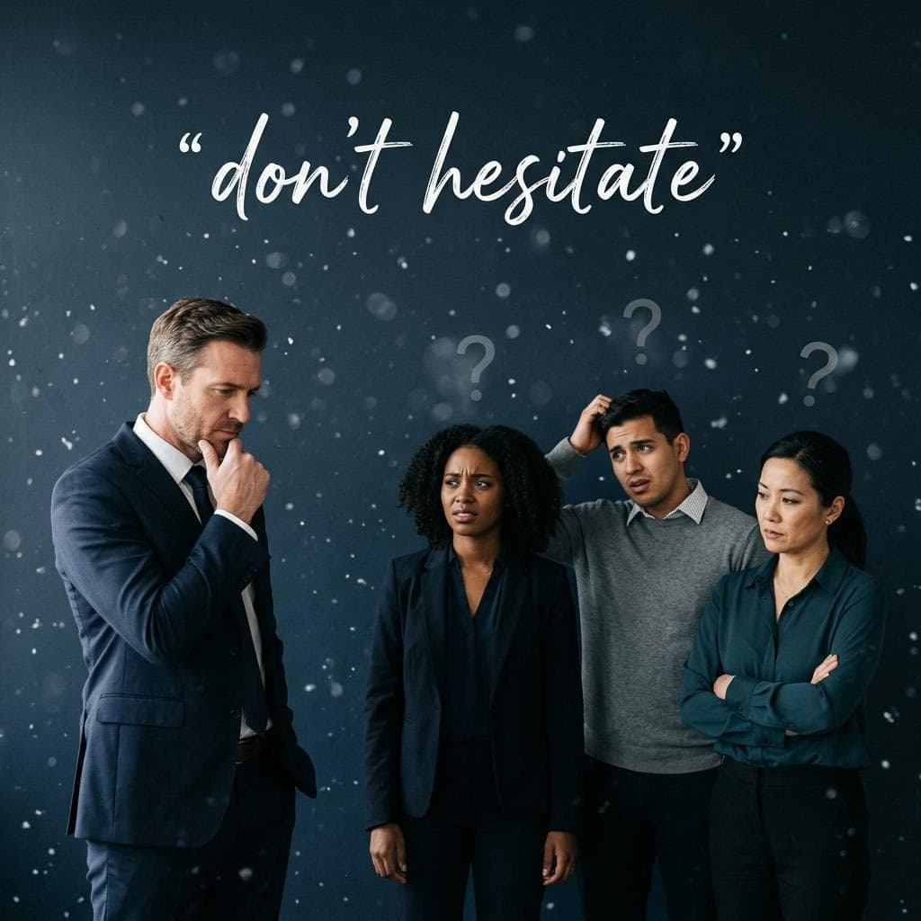 AI generated: A cinematic, minimalistic photo of four real people standing against a dark navy blue background fil...