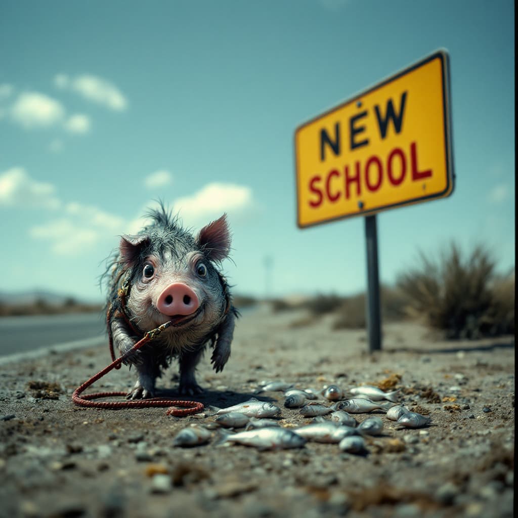 AI generated: a picture of a creature half fish, half pig, wet pig is hairy,with a leash tied to a school sign in ...