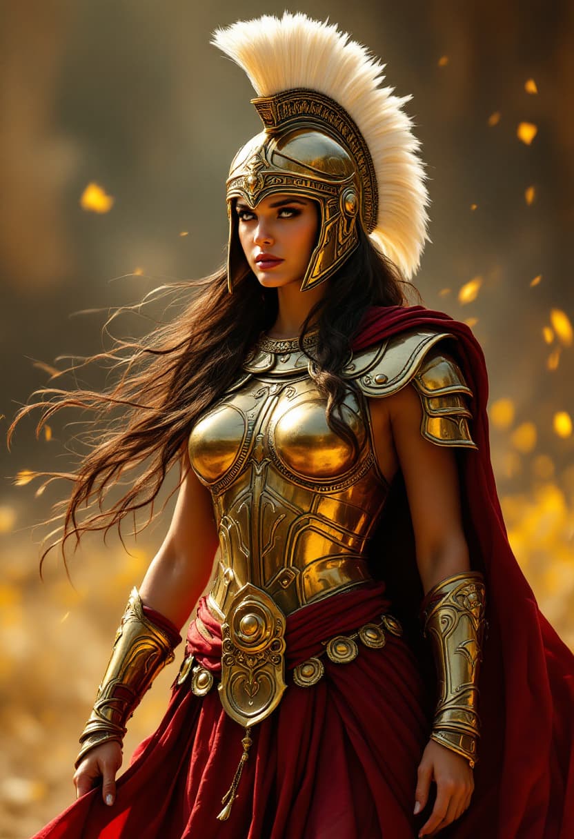 AI generated: Visualize an epic scene depicting a legendary female warrior from ancient times, standing resolute i...