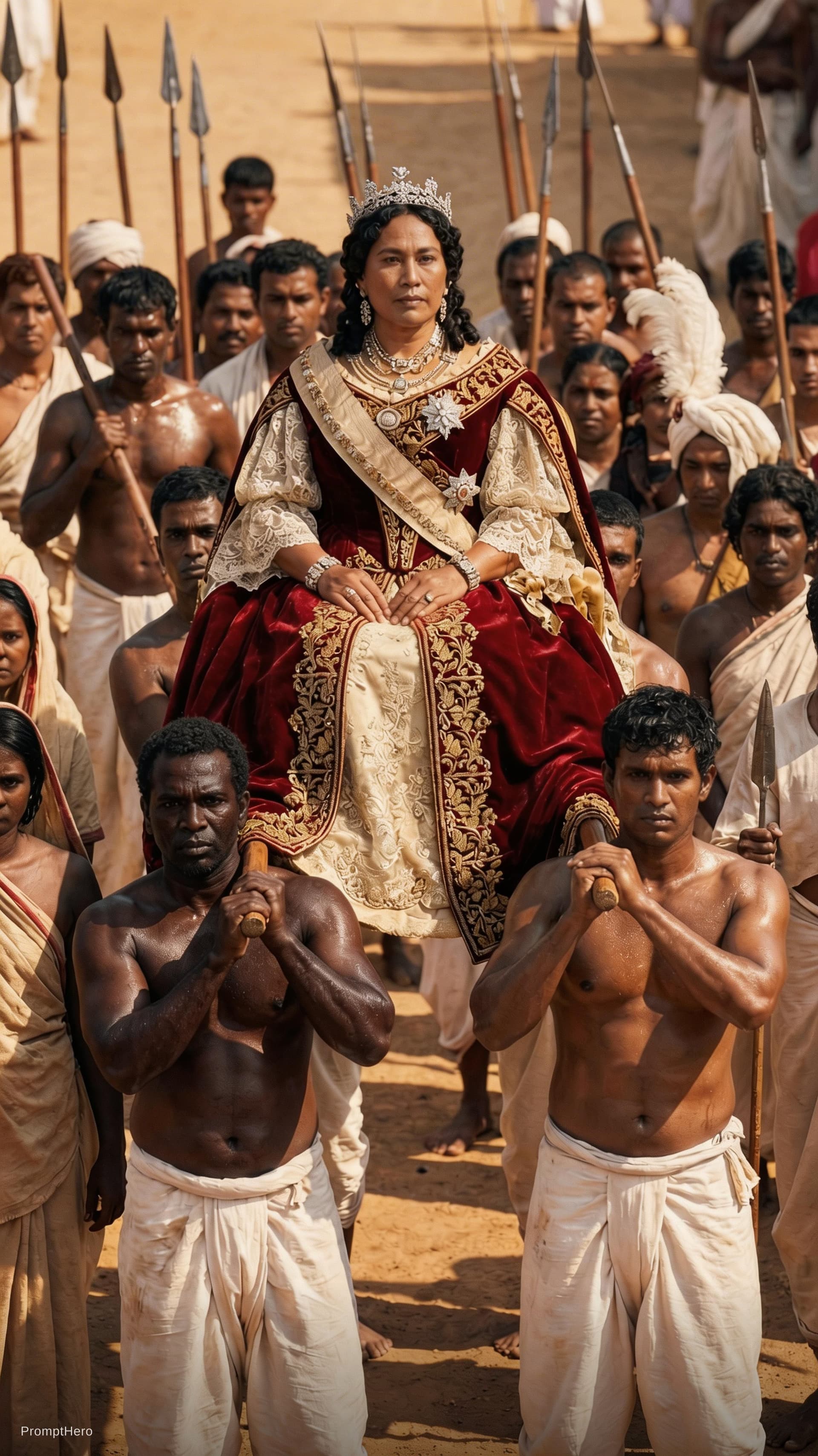 AI generated: make the slaves carrying the queen look as madagascar people skin tone african colored more.

