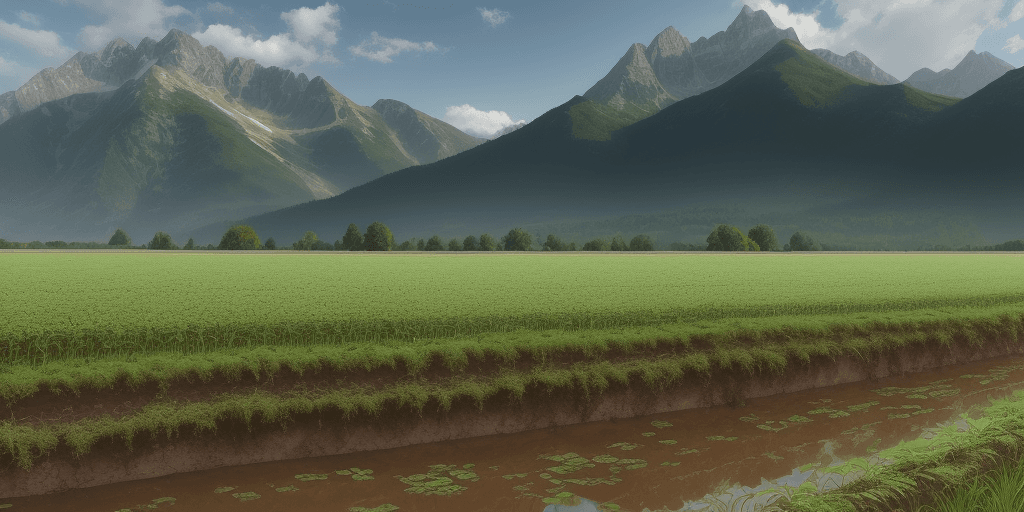 AI generated: a sown field with level trenches against a mountain backdrop 
