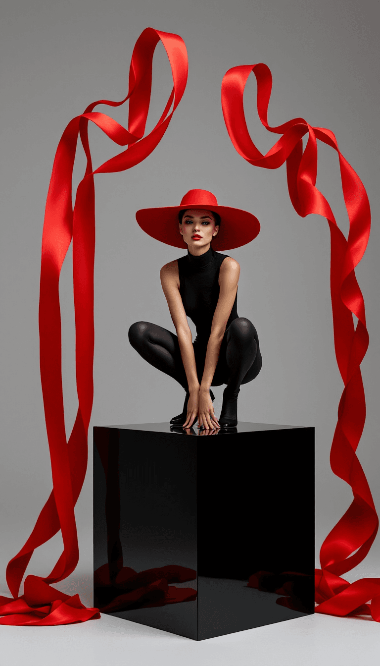 AI generated: This fashion photograph captures a mesmerizing composition of a woman elegantly squatting atop a glo...