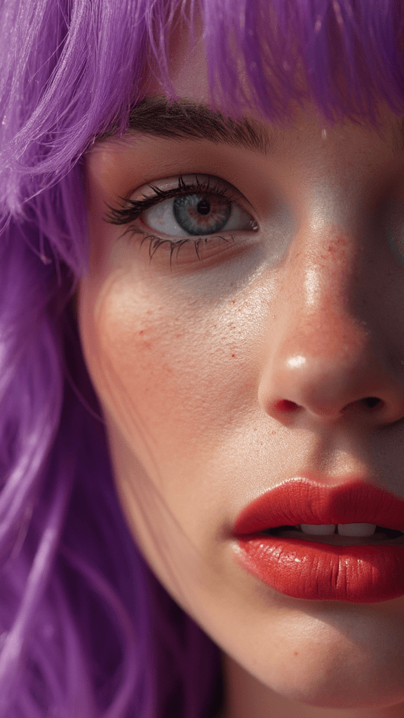 AI generated: portrait of a woman with vibrant purple hair, in the style of Andy Warhol and Richard Avedon, combin...