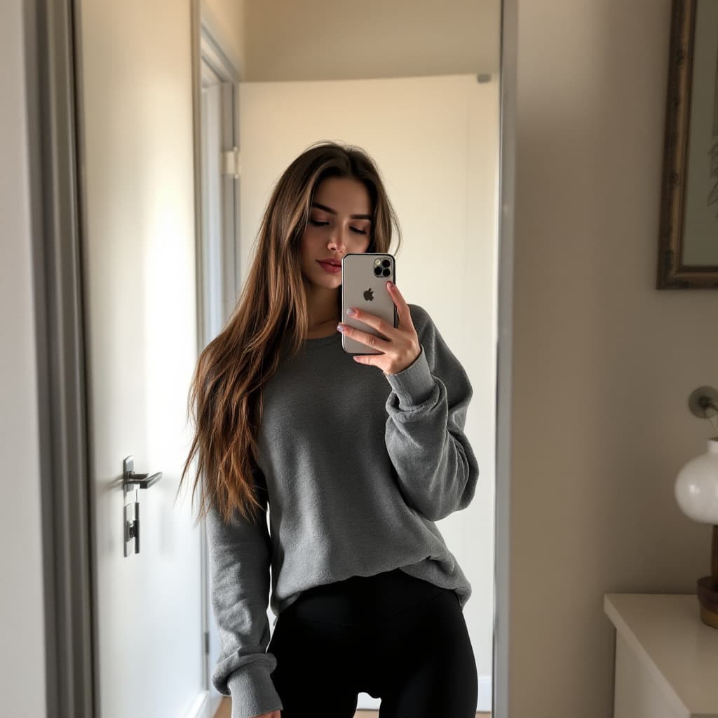 AI generated: the girl takes a photo with her phone of herself in the mirror, she has 24 years old, has straight b...