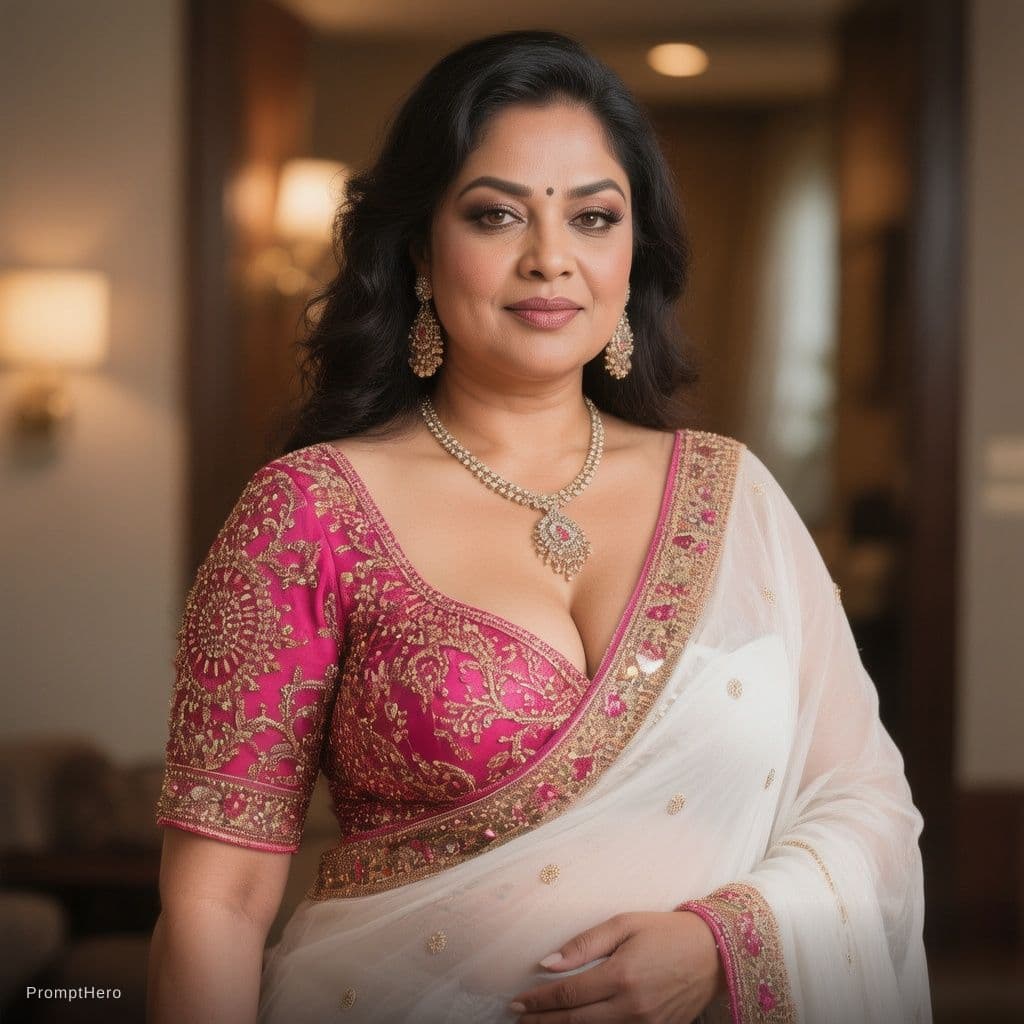AI generated: Beautiful Indian plus-size woman wearing an elegant white saree with a deep-neck embroidered pink bl...