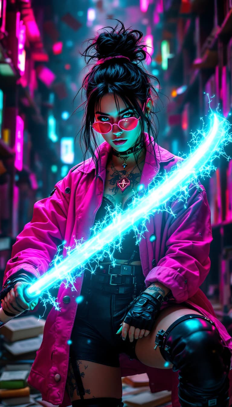 AI generated: An ultra-realistic, full-body action shot of a captivating neon-pink librarian, wielding knowledge w...
