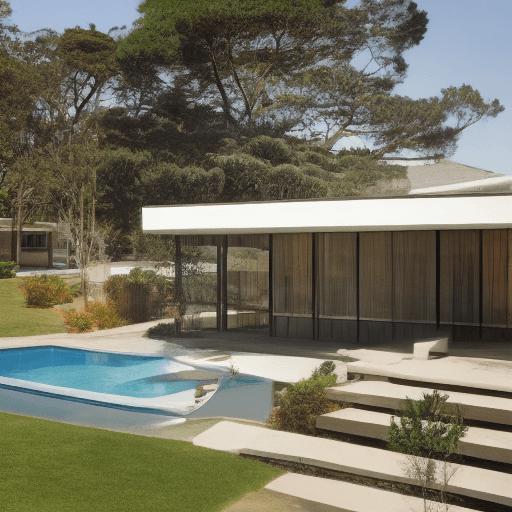 AI generated: Hyper realistic eye level exterior photo of a mid century modern style house overlooking the ocean, ...