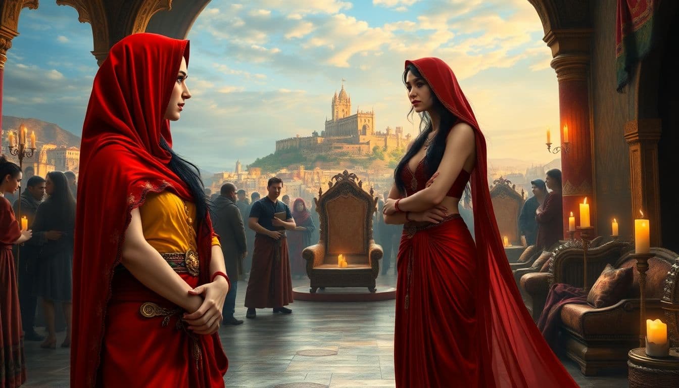 AI generated: a painting of a bustling medieval marketplace in a Middle Eastern city. The two women in the foregro...