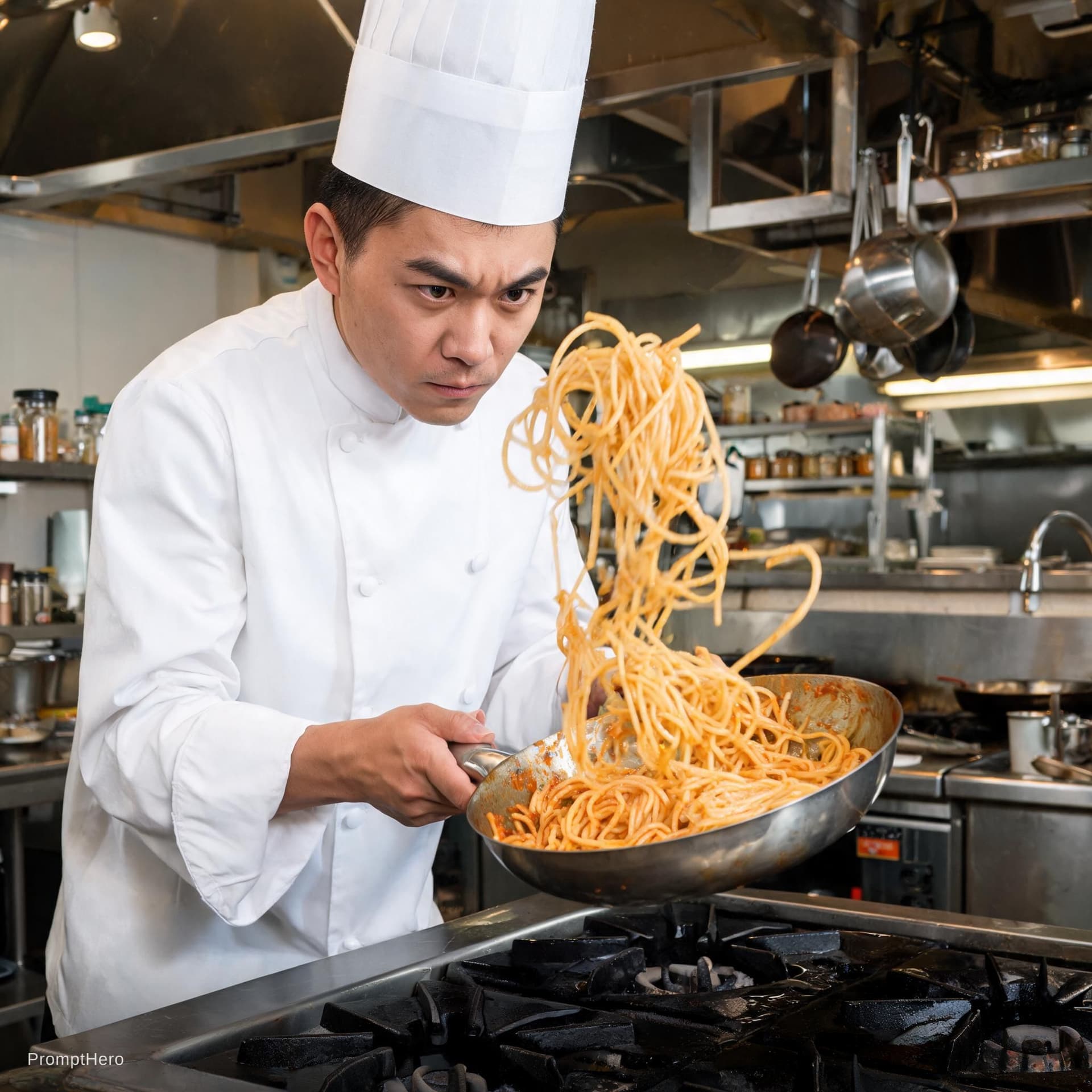 AI generated: a  chef making pasta and focused when he toss the pasta. 