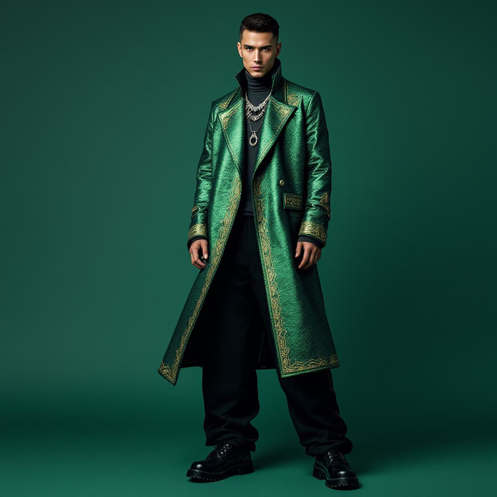 AI generated: fashion portrait, full body, front view, man wearing an avant-garde, androgynous outfit consisting o...