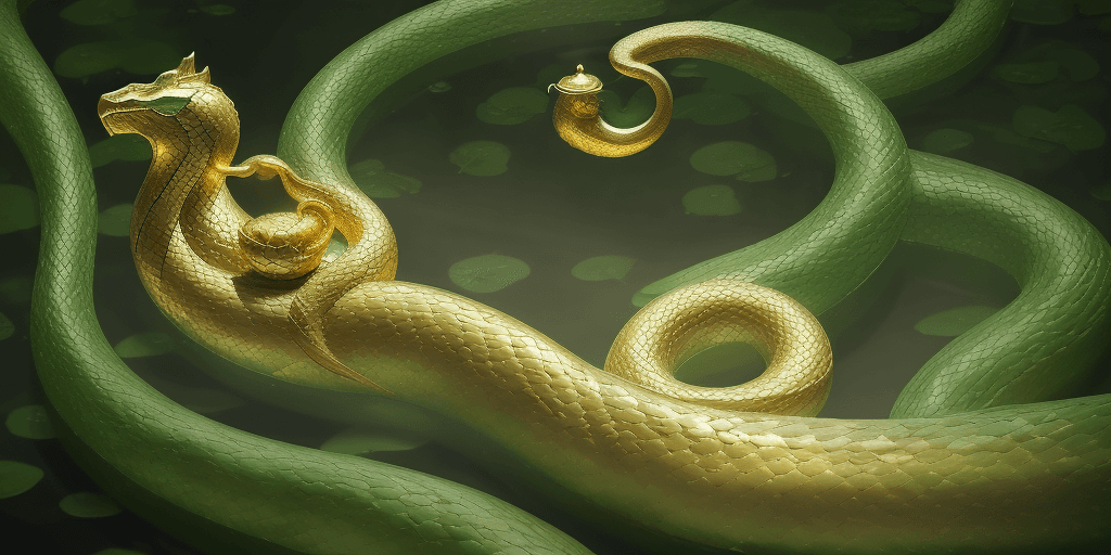 AI generated: /imagine prompt: A regal serpent of gold, gracefully floating above a tea garden in the soft morning...