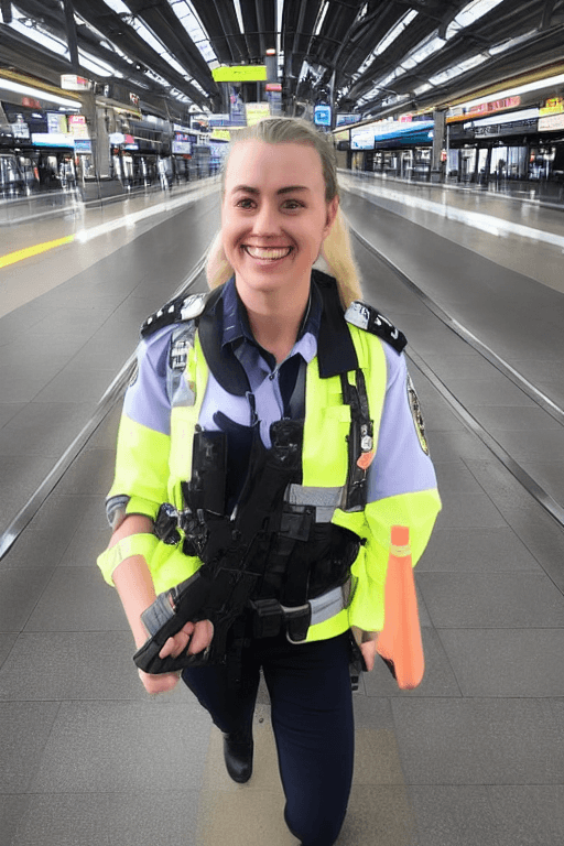 AI generated: selfie of a female Protective Services Officer at a Melbourne train station