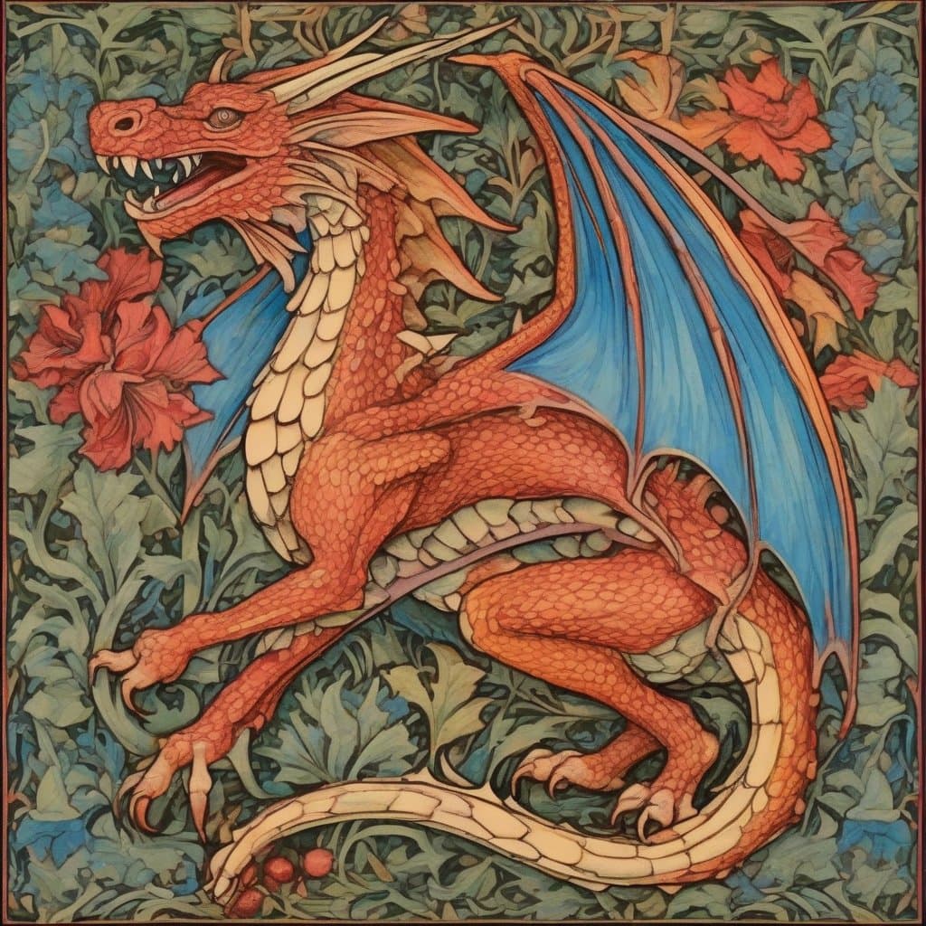 AI generated: A fairy dragon in the style of Louis Rhead on a tapestry in the style of William Morris, vivid color...