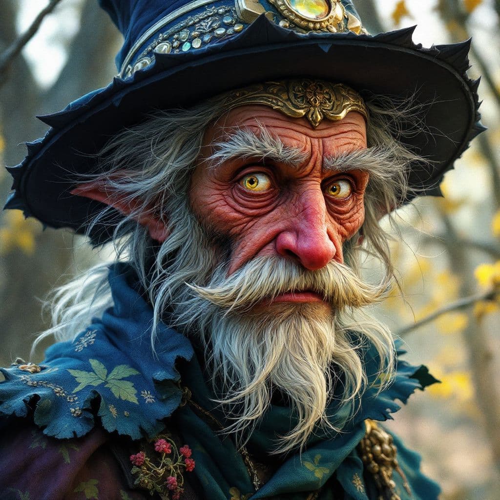 AI generated: A portrait of a folklore character, such as a sly trickster or a benevolent spirit. The style is rem...
