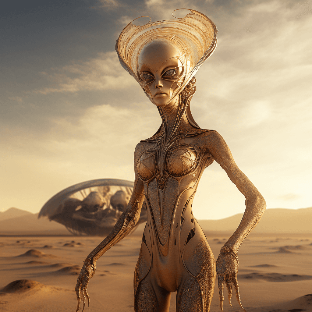 AI generated: full body of alien shaped like woman, big golden eyes, mars planet, photo, digital art, fantasy --v ...