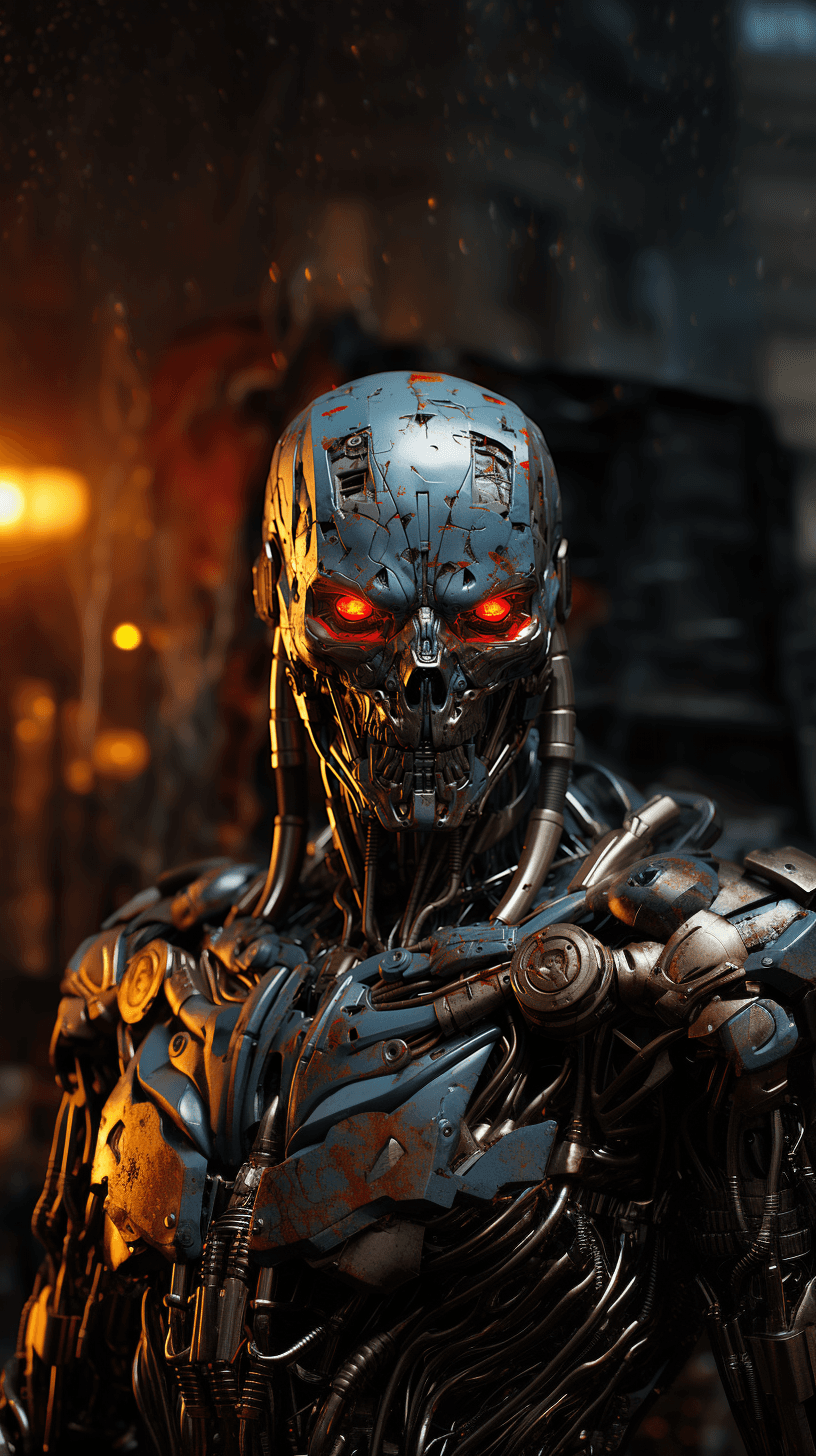 AI generated: portrait of robot Terminator, cyborg, evil, in dynamics, highly detailed, packed with hidden details...