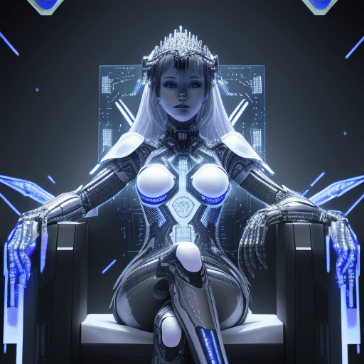AI generated: the map shows a female cyborg sitting on a high-tech throne made of metal and LEDs. screens and holo...