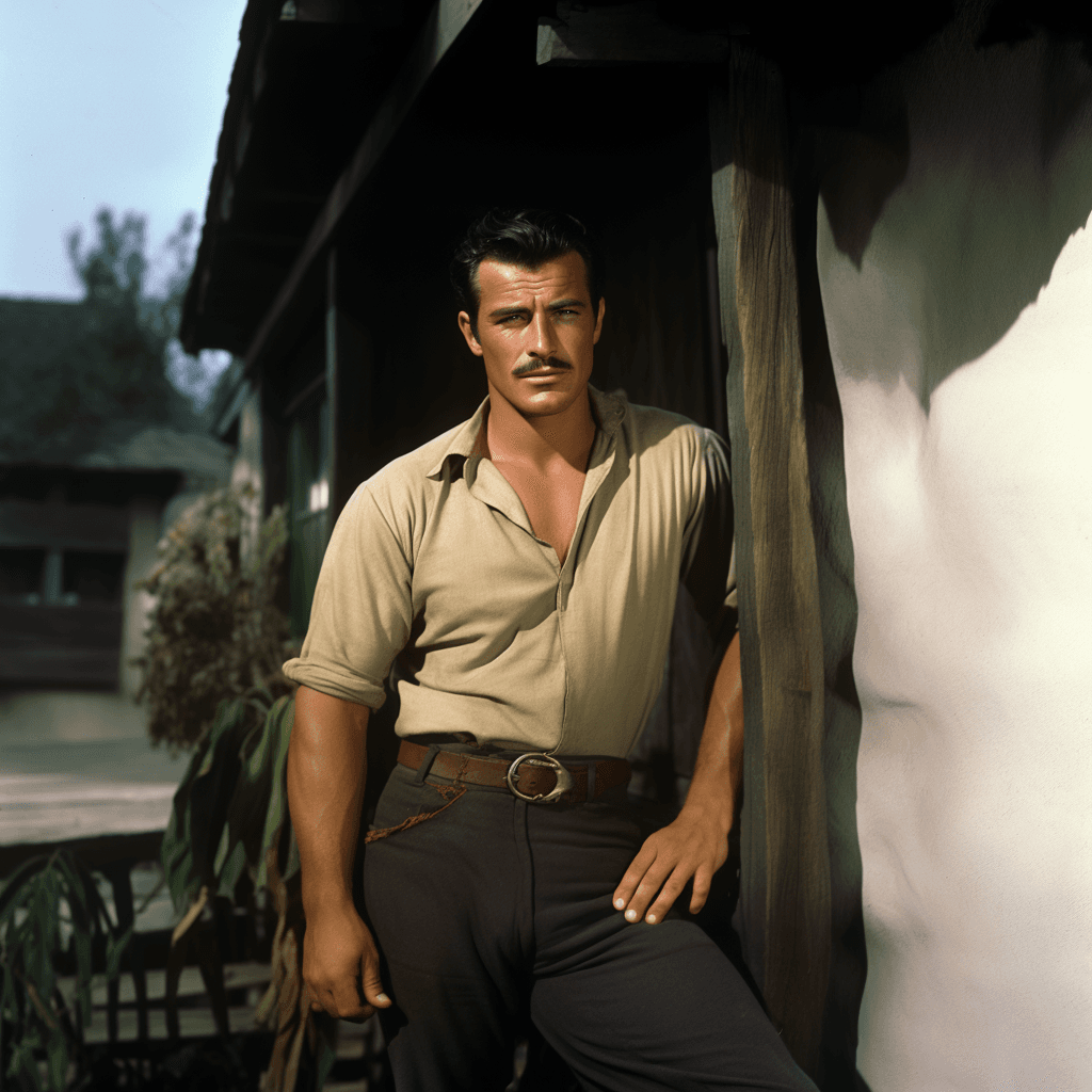 AI generated:  hollywood, mustache, black wavy hair, muscular, standing, wearing a stetson, perfect eyes, revealin...