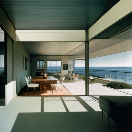 AI generated: Hyper realistic eye level exterior photo of a mid century modern style house overlooking the ocean, ...