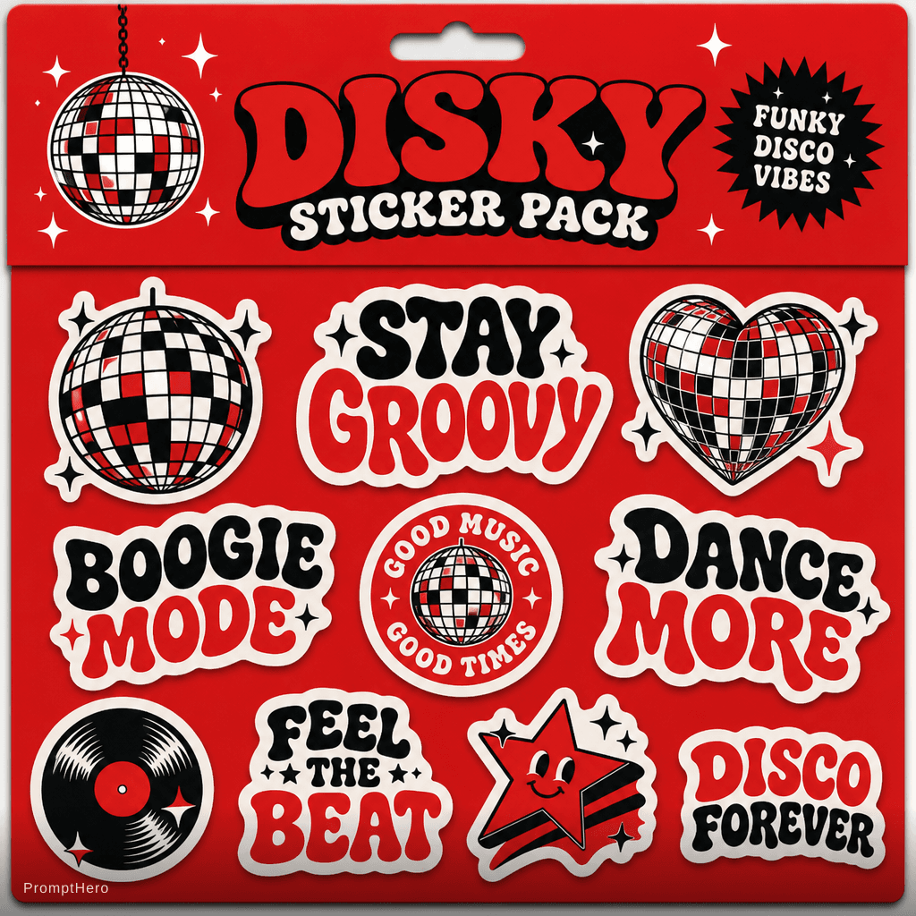 AI generated: Funky disky sicker pack in #E51F24.
