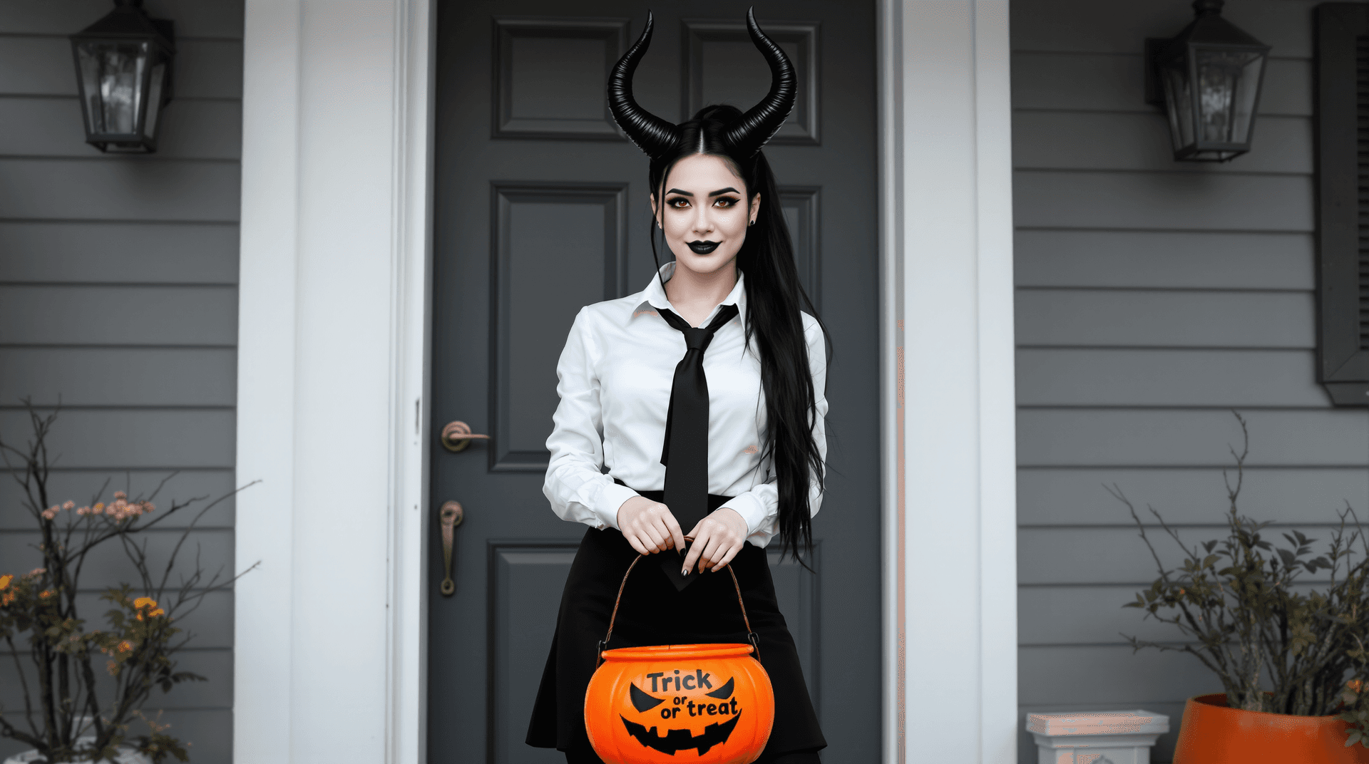 AI generated: Photo of a Halloween scene. You open the front door and see a women in her late 20, standing outside...