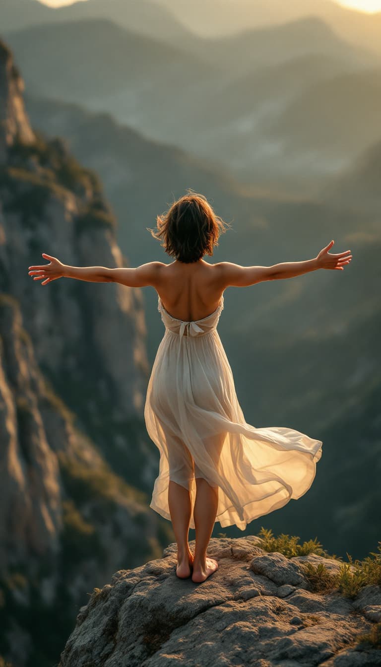 AI generated: realistic photo of a mountain landscape, standing on the edge of a cliff with her arms outstretched,...