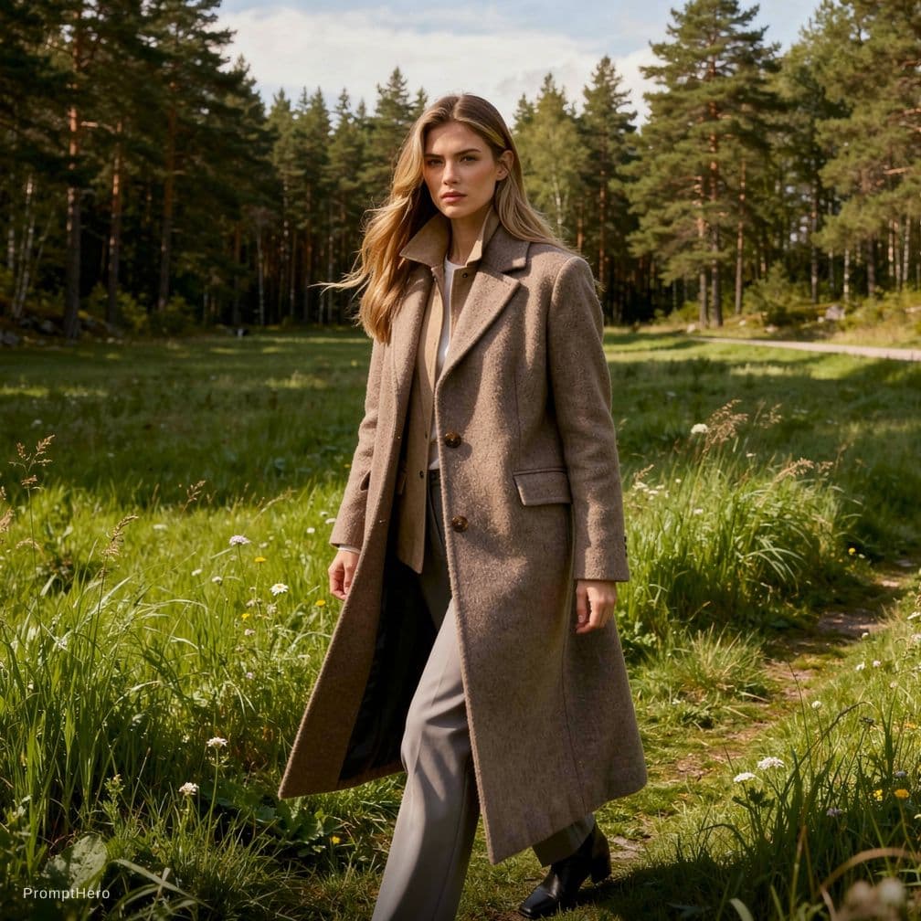 AI generated: a woman walking through a lush green field, vogue fashion photo, brown tuffle coat, beautiful swedis...