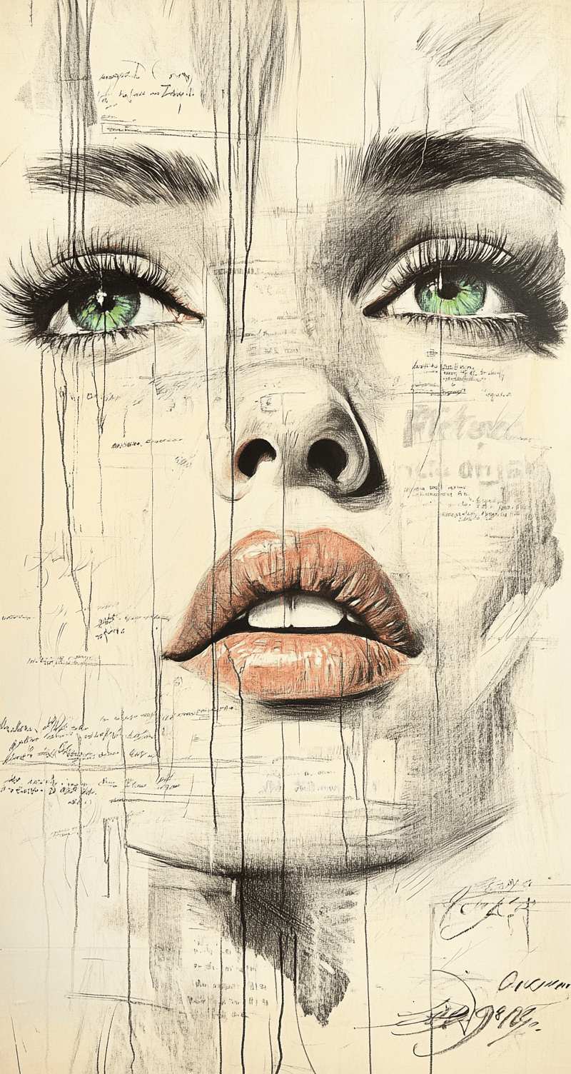 AI generated: An expressionist charcoal sketch, a stunning woman with piercing blue-green eyes, bold, intense, sou...